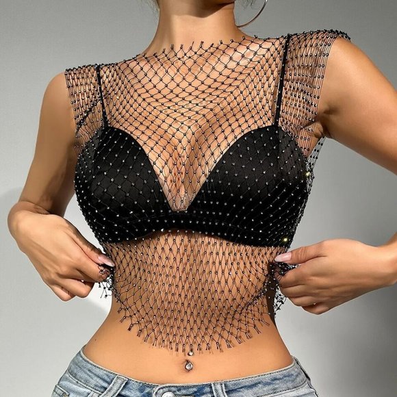 843 trading Accessories - Mesh See Through Vest Women Sexy Shiny Fishnet Crop Top Cover
